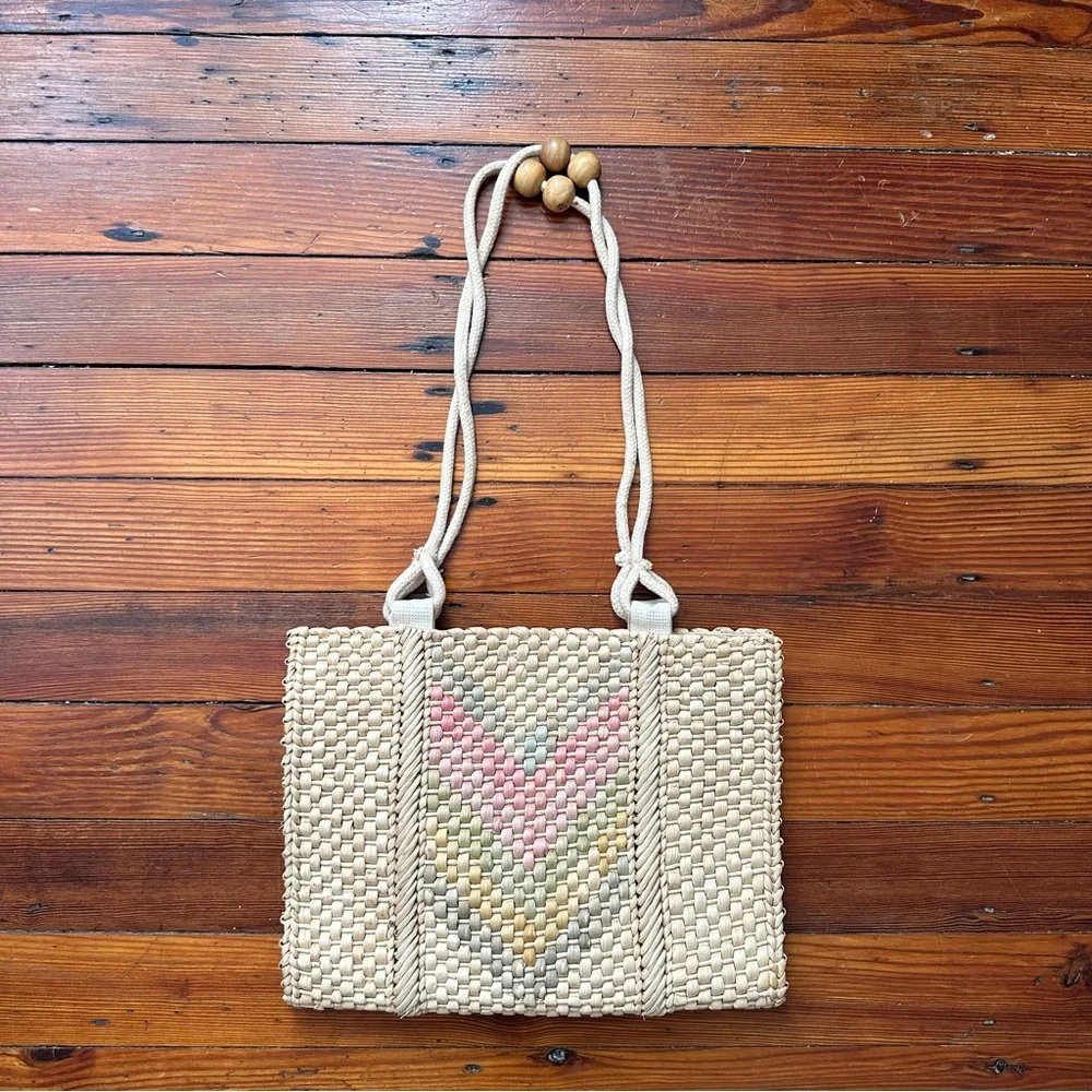 Vintage early 80s large woven straw flat shoulder bag